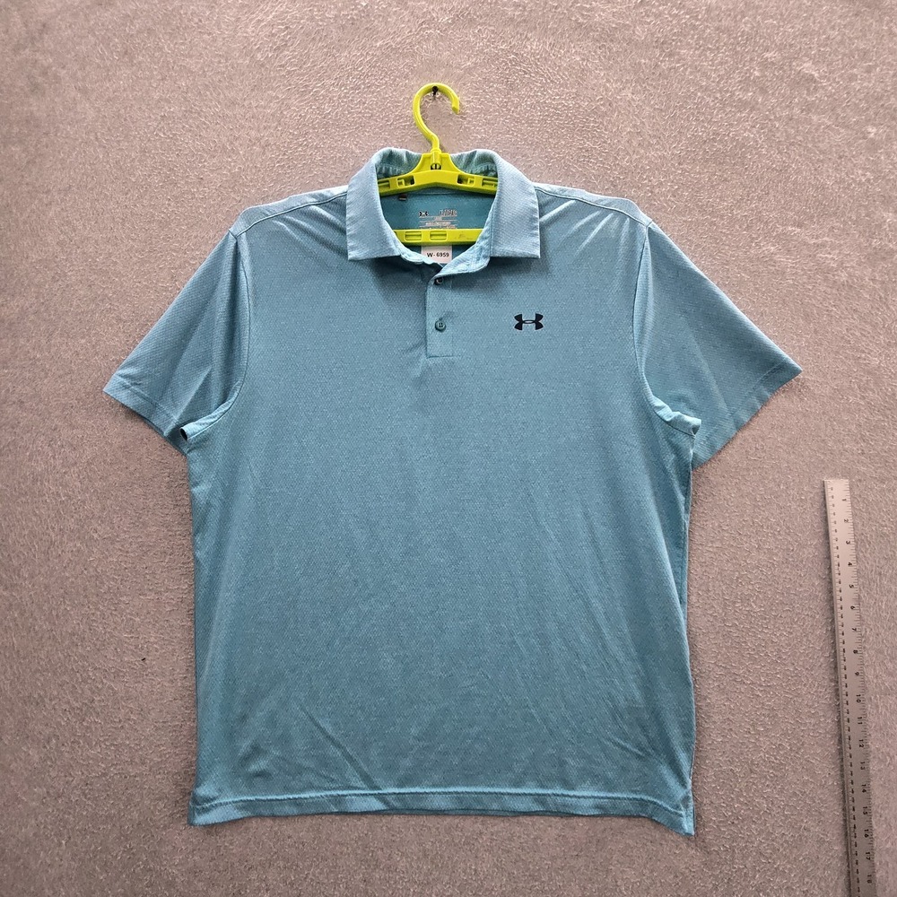 Under Armour Men Polo XL Teal Geometric Heatgear Activewear Button Logo Loose